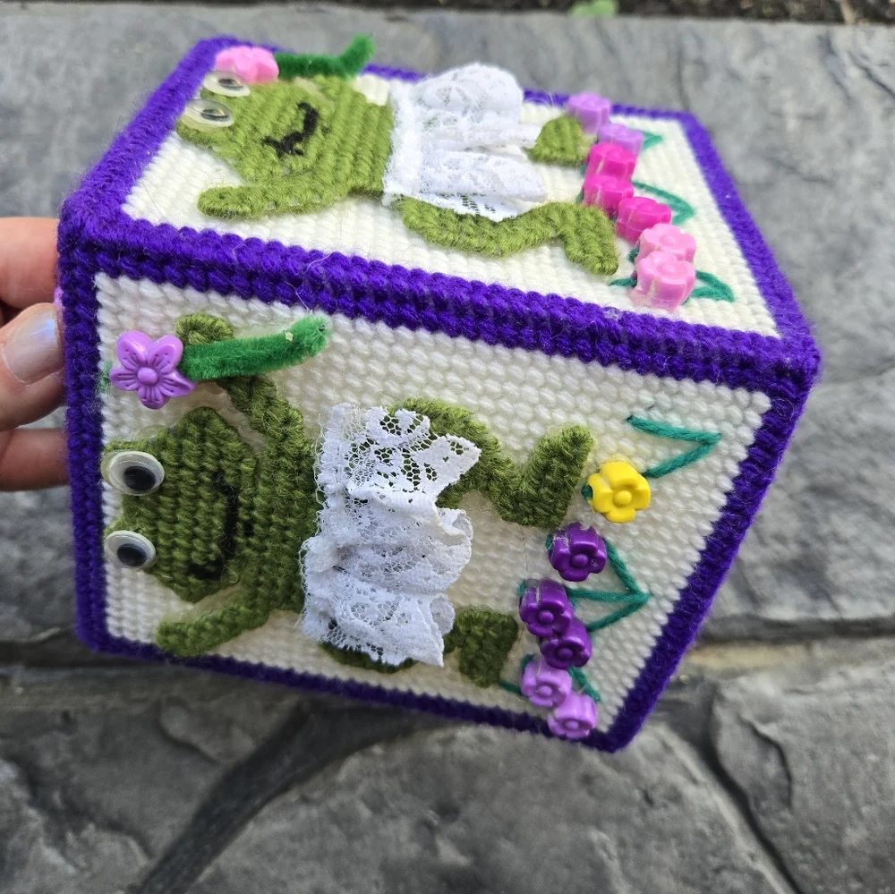 Handcrafted Frog Design Needlepoint Tissue Box Cover